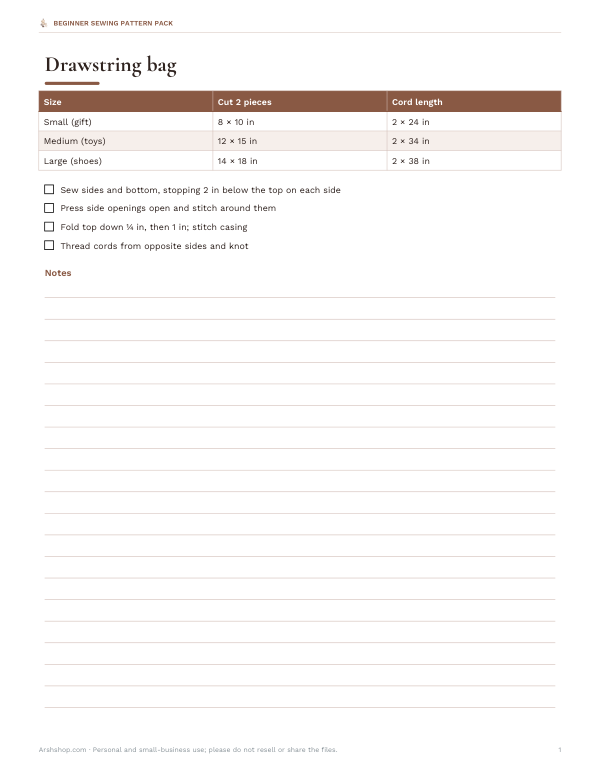 Preview of Printable Drawstring Bag Size Chart