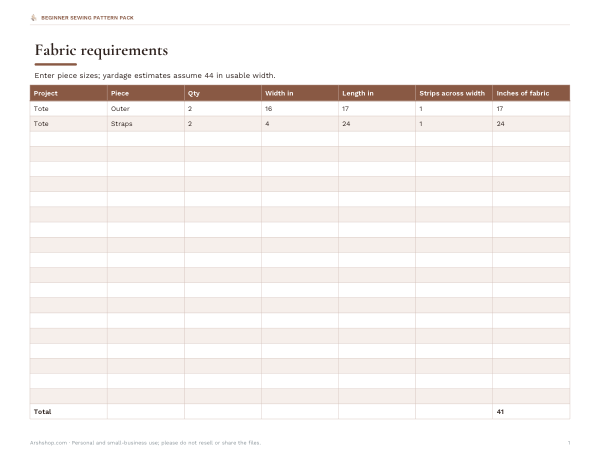 Preview of Printable Fabric Requirements Workbook